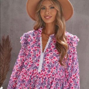 Rose Floral Pattern Peplum Blouse With Ruffles